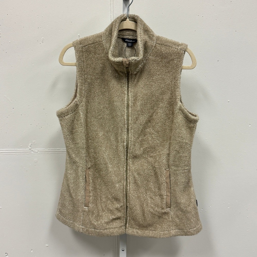 Eddie Bauer Tan Fleece Full‎ Zip Vest Mock Neck Oatmeal Medium Fall Contemporary